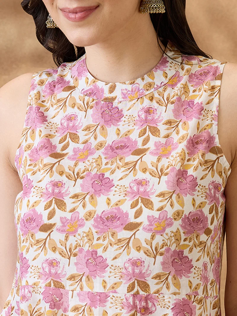 globus Women Pink Mandarin Collar Floral Print Panelled A-Line Kurta With Wide Leg Pants Fusion Pants