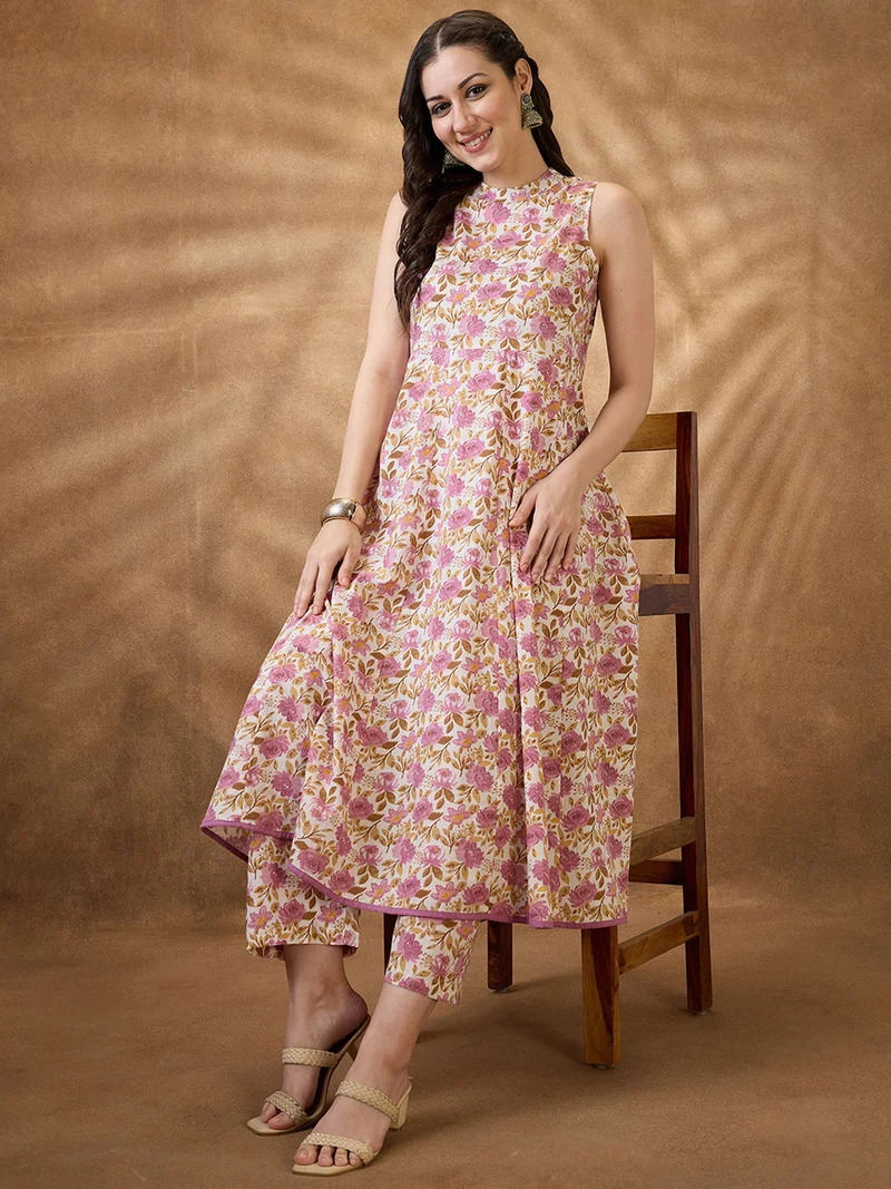 globus Women Pink Mandarin Collar Floral Print Panelled A-Line Kurta With Wide Leg Pants Fusion Pants