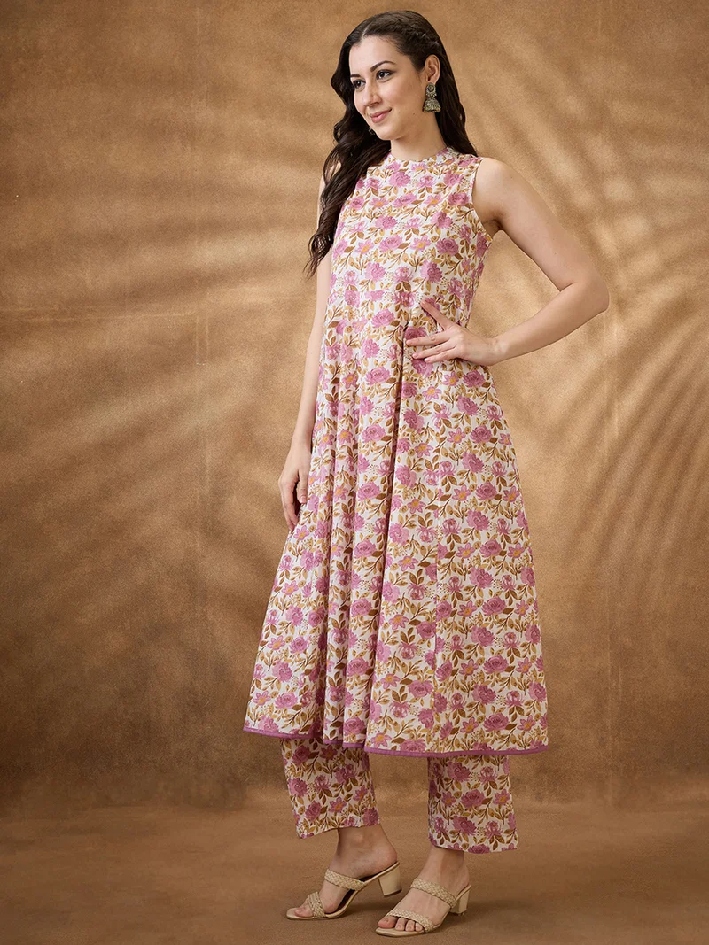globus Women Pink Mandarin Collar Floral Print Panelled A-Line Kurta With Wide Leg Pants Fusion Pants