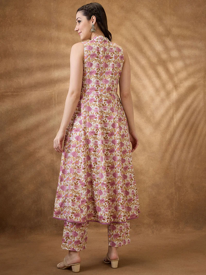globus Women Pink Mandarin Collar Floral Print Panelled A-Line Kurta With Wide Leg Pants Fusion Pants