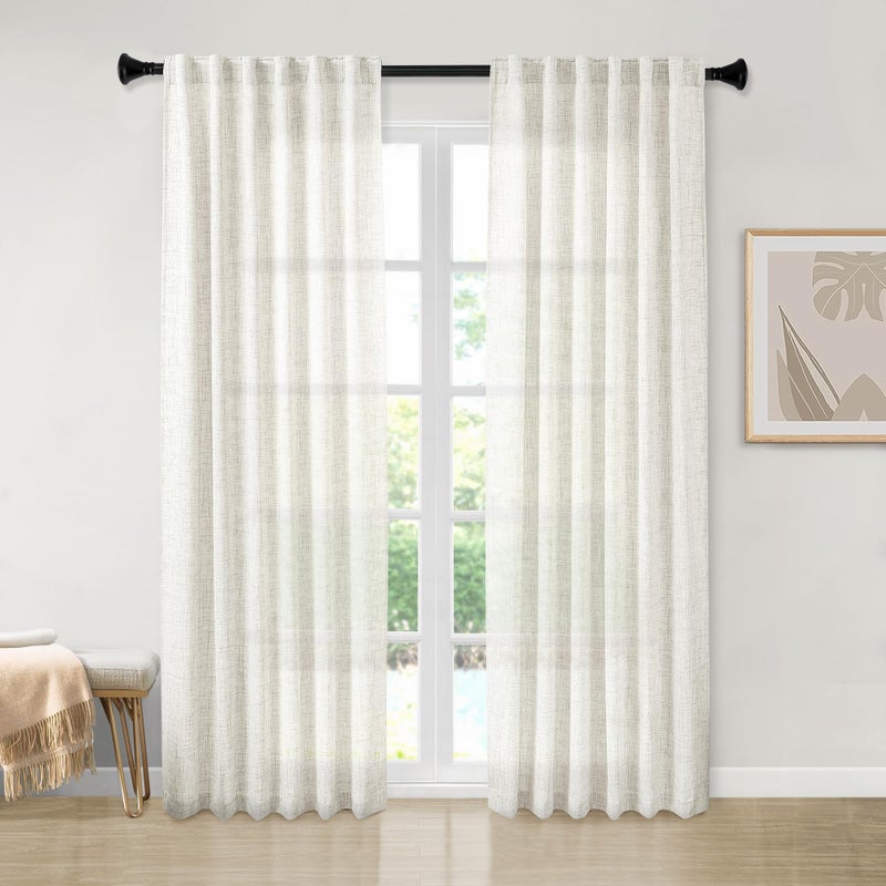 MEETBILY 94 Inches Long Semi Sheer Linen Curtains for Living Room 2 Panels  Back Tab Rod Pocket Linen Blend Drapes Modern Airy Privacy Cream Curtains for Bedroom Cottage Farmhouse Decor 50x94 Length - Image 1