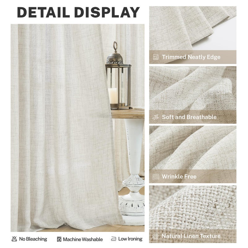 MEETBILY 94 Inches Long Semi Sheer Linen Curtains for Living Room 2 Panels  Back Tab Rod Pocket Linen Blend Drapes Modern Airy Privacy Cream Curtains for Bedroom Cottage Farmhouse Decor 50x94 Length - Image 4