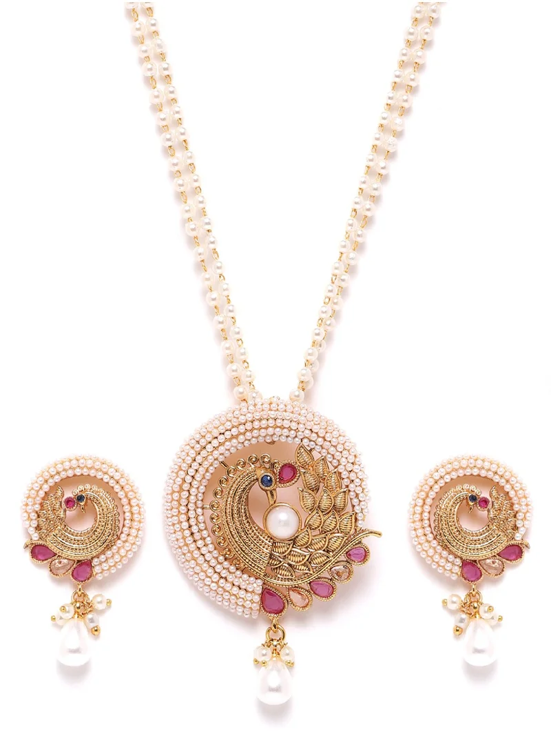 برياسي Pink  Off-White Stone-Studded Beaded Handcrafted Jewellery Set