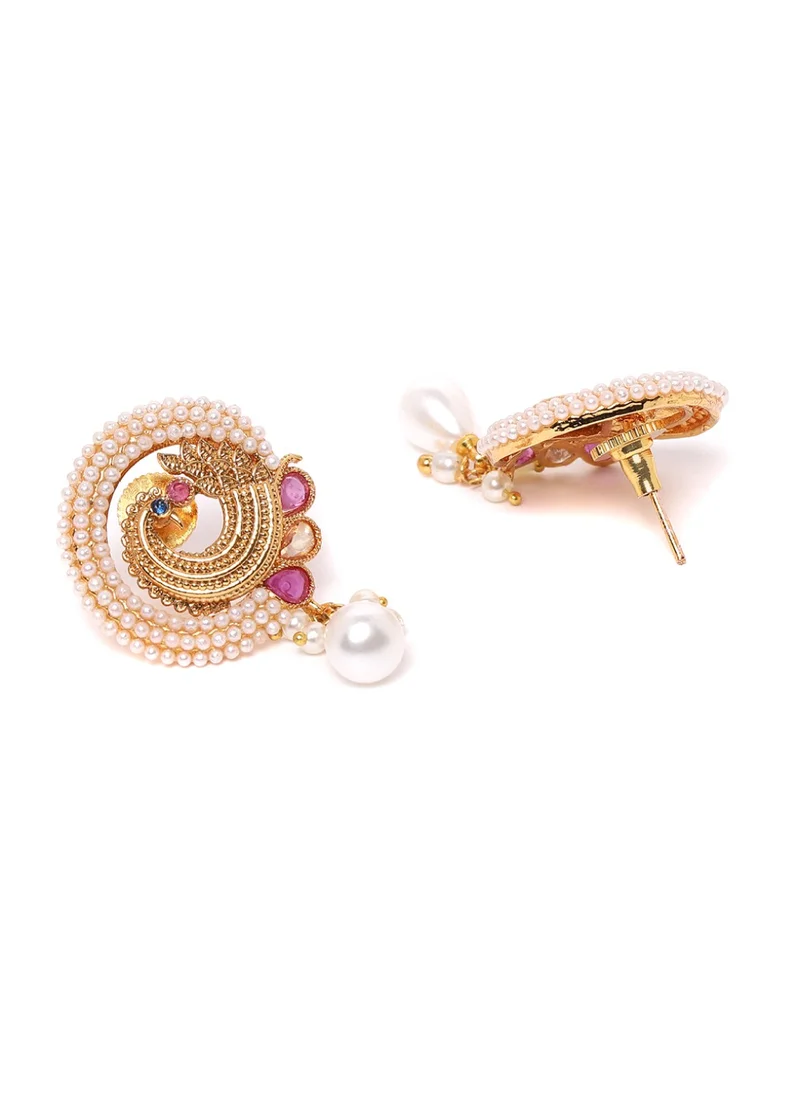 Priyaasi Pink  Off-White Stone-Studded Beaded Handcrafted Jewellery Set