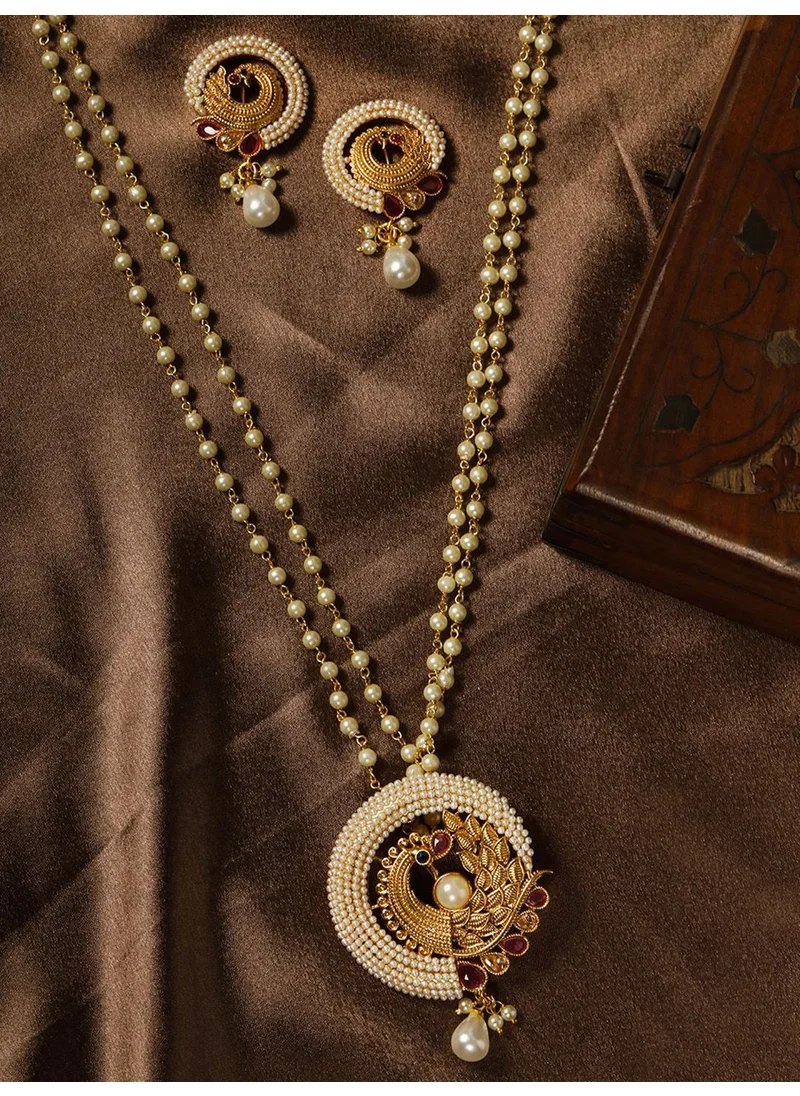 Priyaasi Pink  Off-White Stone-Studded Beaded Handcrafted Jewellery Set