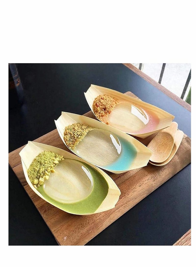 Excefore Wood Serving Boats, Disposable Bamboo Wood Boats, Dishes Plates Wooden Snack Bowls Food Serving Tray Japanese Sashimi Sushi Boat Light Brown for Party Foods, Snacks, Canap, 50 Pcs - Image 2