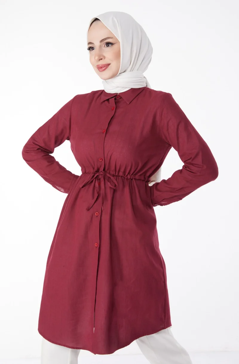 Tofisa Plain Mid Women's Burgundy Waist Tunic with Tunnel Detail - 13157