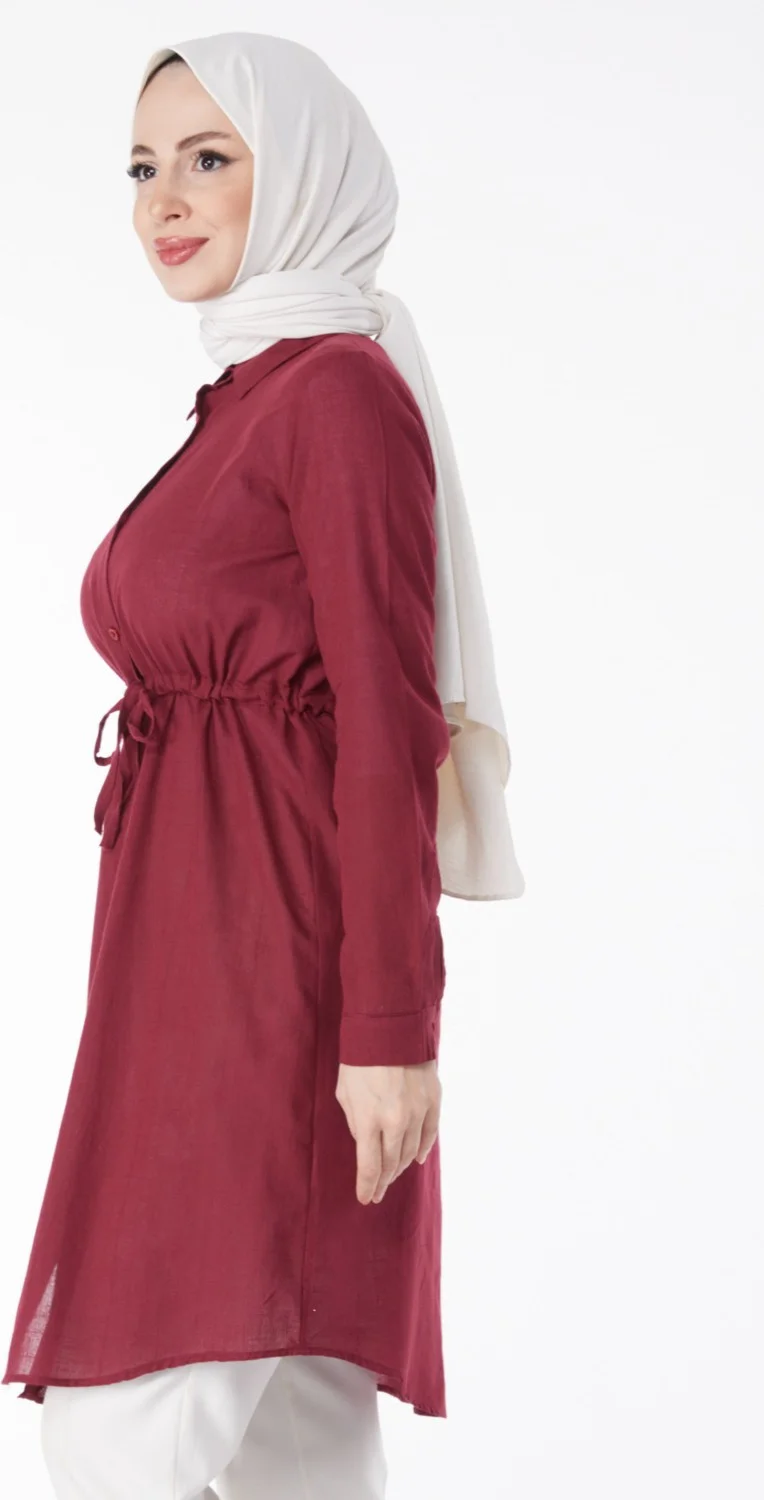 Tofisa Plain Mid Women's Burgundy Waist Tunic with Tunnel Detail - 13157