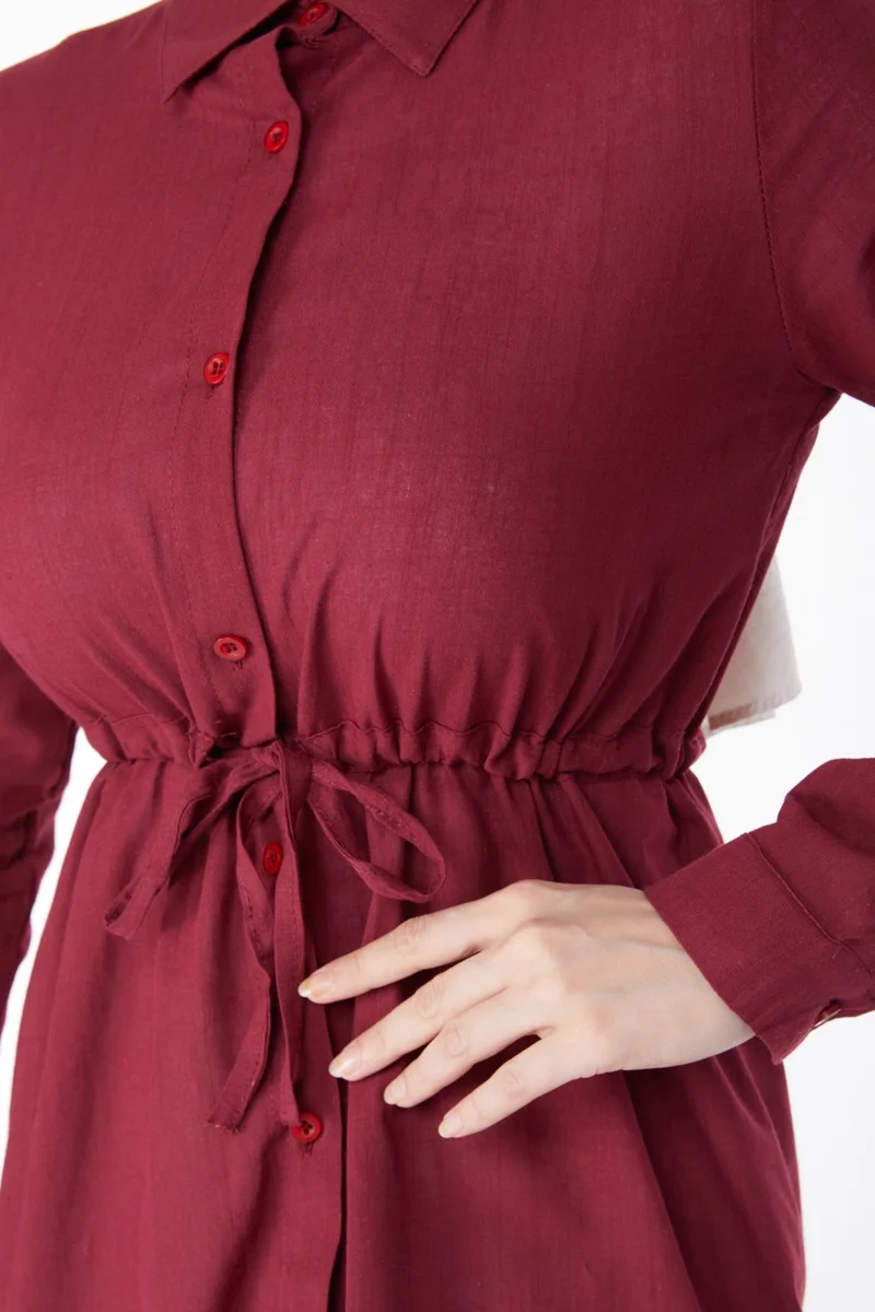 Tofisa Plain Mid Women's Burgundy Waist Tunic with Tunnel Detail - 13157