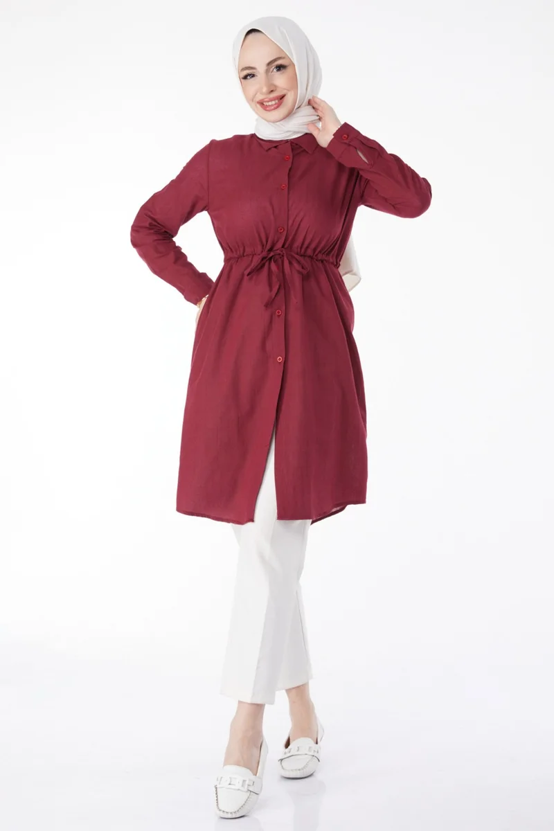 Tofisa Plain Mid Women's Burgundy Waist Tunic with Tunnel Detail - 13157