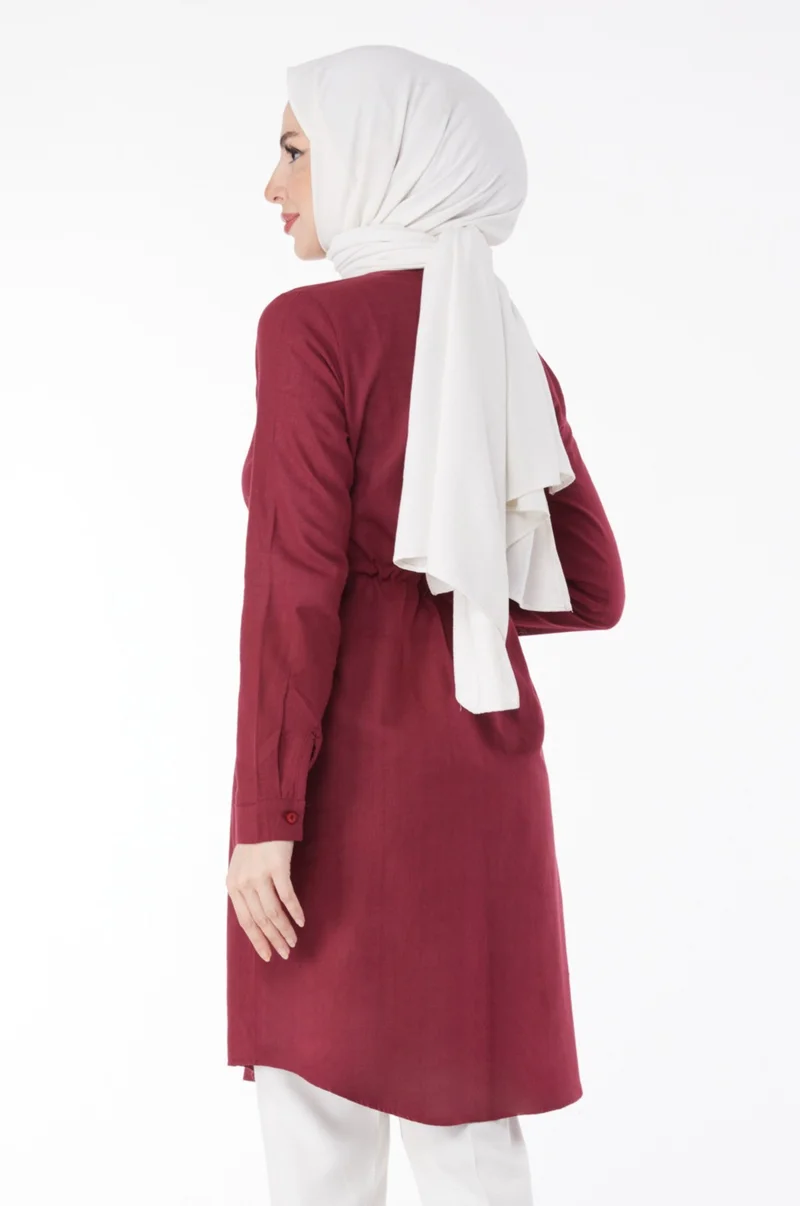 Tofisa Plain Mid Women's Burgundy Waist Tunic with Tunnel Detail - 13157