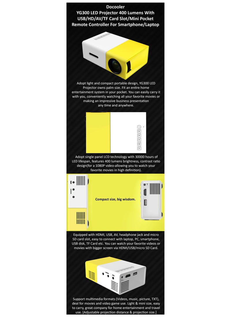 YG300 Portable QVGA LED 400 Lumens Projector With Remote Control YG300 White/Yellow