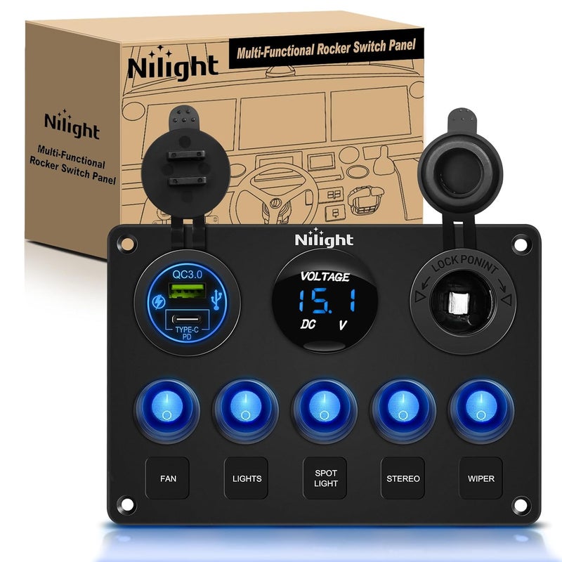 Nilight 5 Gang Multi Function Waterproof Switch Panel PD Type C and USB Charger Digital Voltmeter 12V Outlet Rocker with Inline Fuse for RVs Cars Boats Trucks Trailers - Image 1