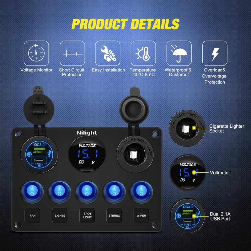 Nilight 5 Gang Multi Function Waterproof Switch Panel PD Type C and USB Charger Digital Voltmeter 12V Outlet Rocker with Inline Fuse for RVs Cars Boats Trucks Trailers - Image 4
