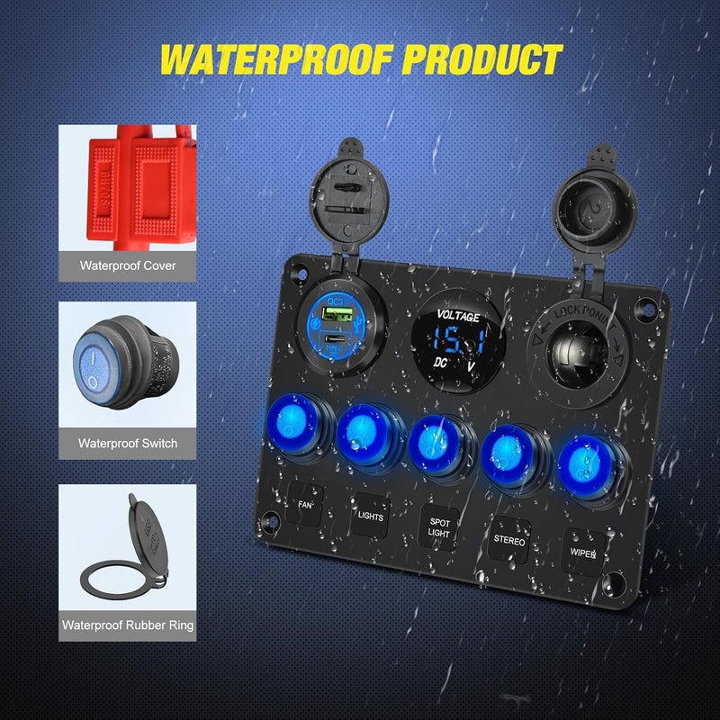 Nilight 5 Gang Multi Function Waterproof Switch Panel PD Type C and USB Charger Digital Voltmeter 12V Outlet Rocker with Inline Fuse for RVs Cars Boats Trucks Trailers - Image 5