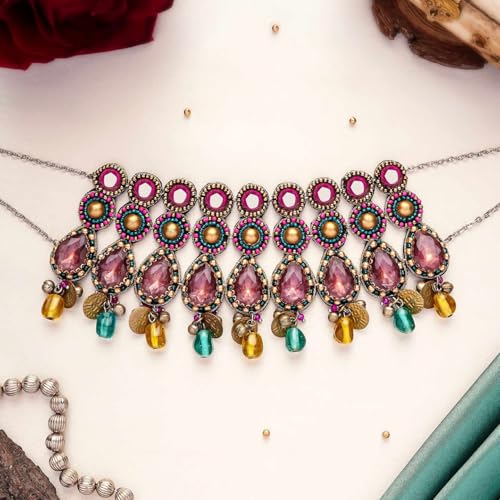 SANJOYA by EVERSTYLISH Embroidered Choker Necklace for Women | Mirror, Stones & Glass Drop Oxidized Statement Jewelry | Ethnic Neckpiece for Weddings & Festive Occasions - Image 3