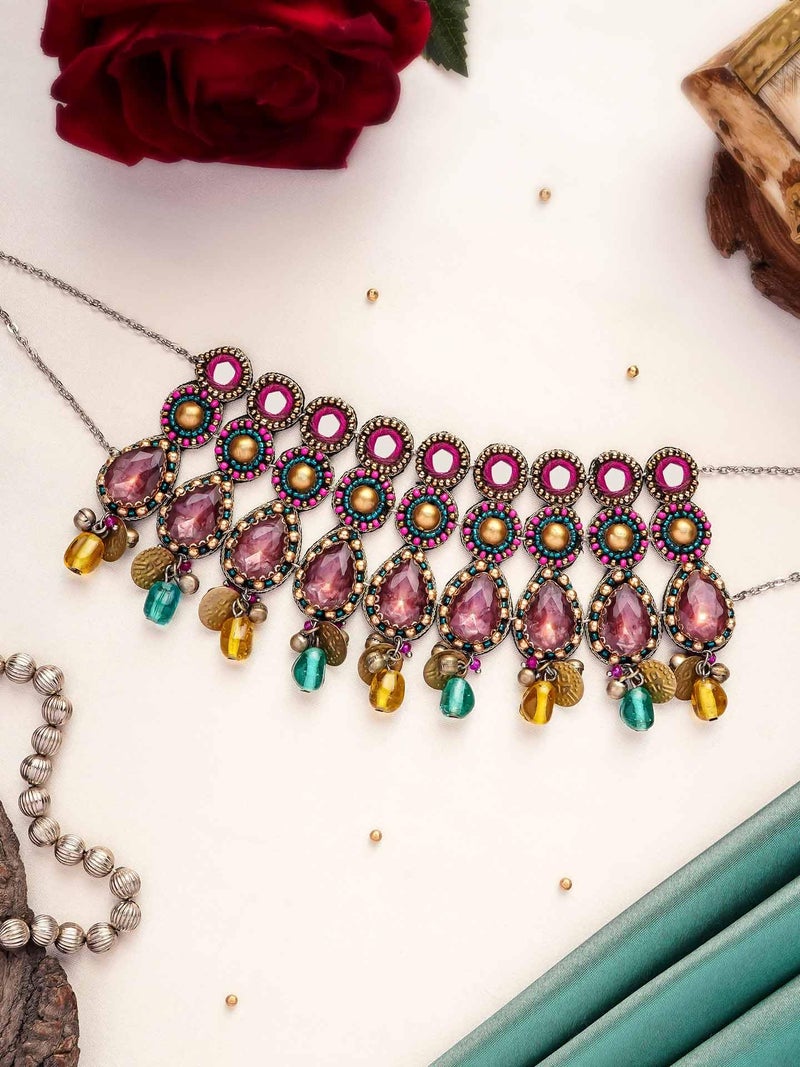 SANJOYA by EVERSTYLISH Embroidered Choker Necklace for Women | Mirror, Stones & Glass Drop Oxidized Statement Jewelry | Ethnic Neckpiece for Weddings & Festive Occasions - Image 2
