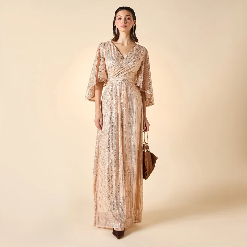 2Xtremz 2Xtremz Sequin Embellished Maxi Dress with V-neck and Butterfly Sleeves