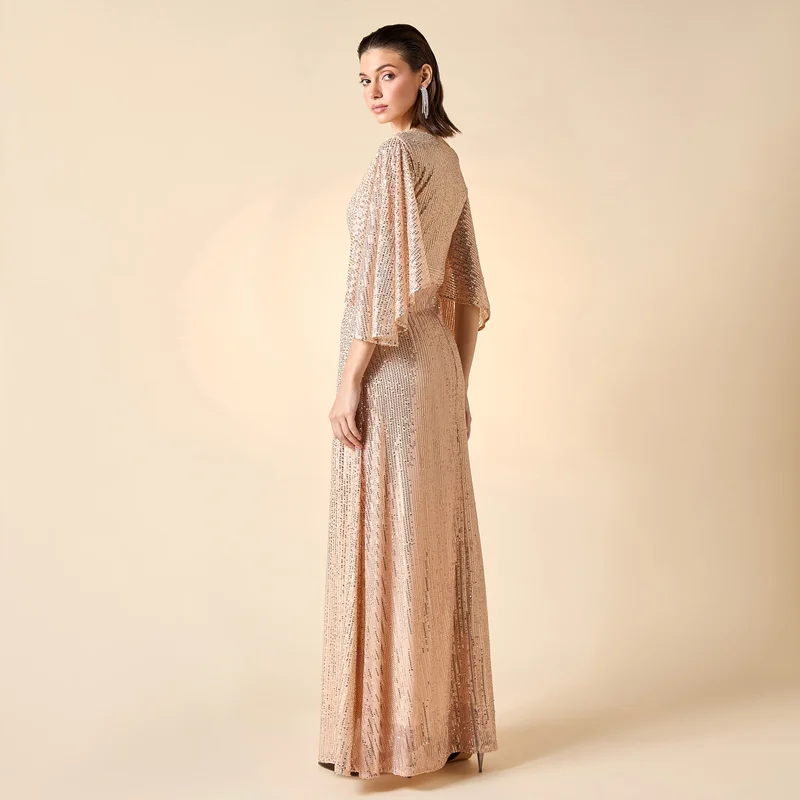 2Xtremz 2Xtremz Sequin Embellished Maxi Dress with V-neck and Butterfly Sleeves