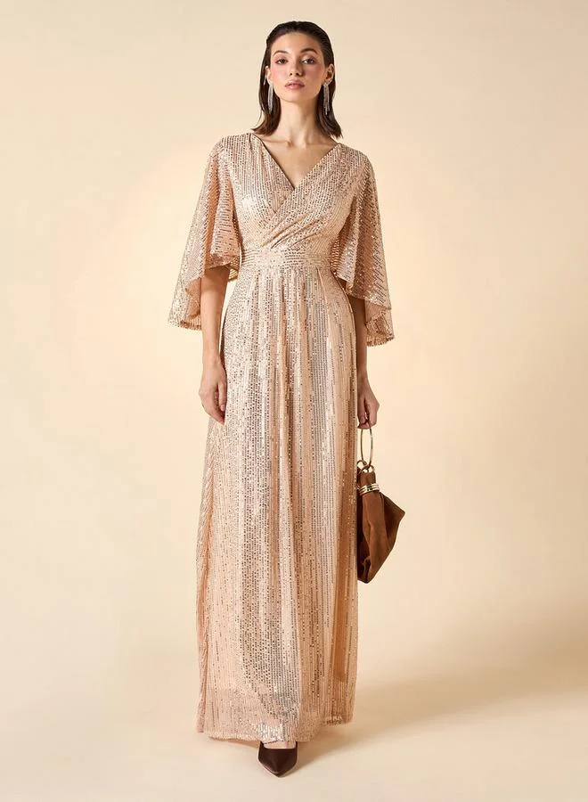 2Xtremz 2Xtremz Sequin Embellished Maxi Dress with V-neck and Butterfly Sleeves