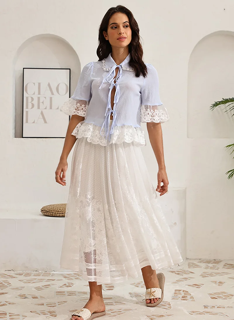 يونيكي Off White Self Design Flared Midi LengthFloral Print Skirts