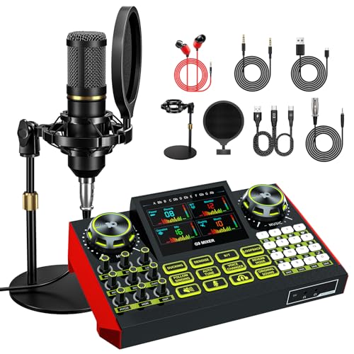 tenlamp Podcast Microphone Bundle with Live Sound Card Audio Mixer, Podcast Equipment Bundle Sound Board with 3.5mm Condenser Microphone for Pc/Phone Live Streaming Singing Gaming,Voice Changer, Denoise - Image 1