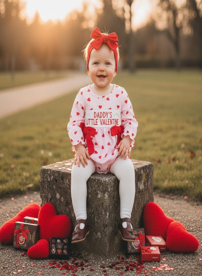 Lenjindjer Baby Girl Valentines Day Outfit Heart Long Sleeve Plaid Smocked Bubble Romper Headband Newborn Spring Bodysuit (Valentines Red, 3-6 Months) - Image 3