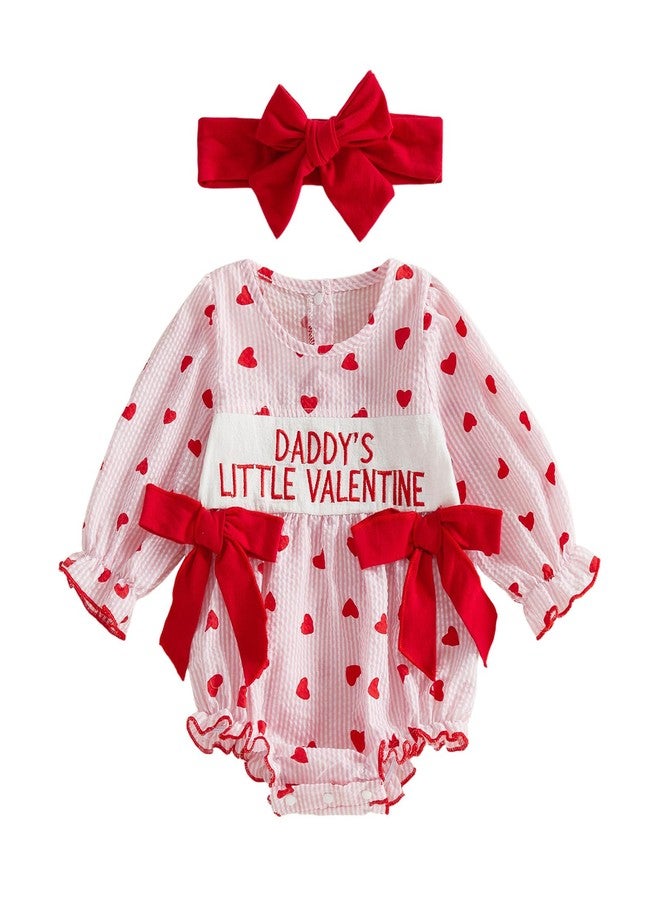 Lenjindjer Baby Girl Valentines Day Outfit Heart Long Sleeve Plaid Smocked Bubble Romper Headband Newborn Spring Bodysuit (Valentines Red, 3-6 Months) - Image 1