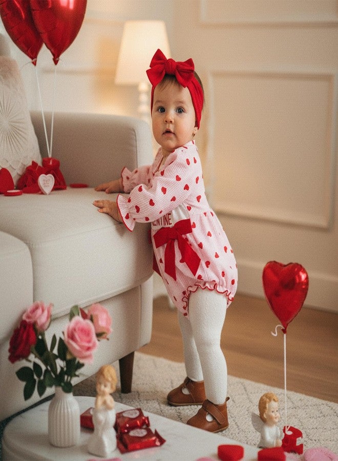 Lenjindjer Baby Girl Valentines Day Outfit Heart Long Sleeve Plaid Smocked Bubble Romper Headband Newborn Spring Bodysuit (Valentines Red, 3-6 Months) - Image 2