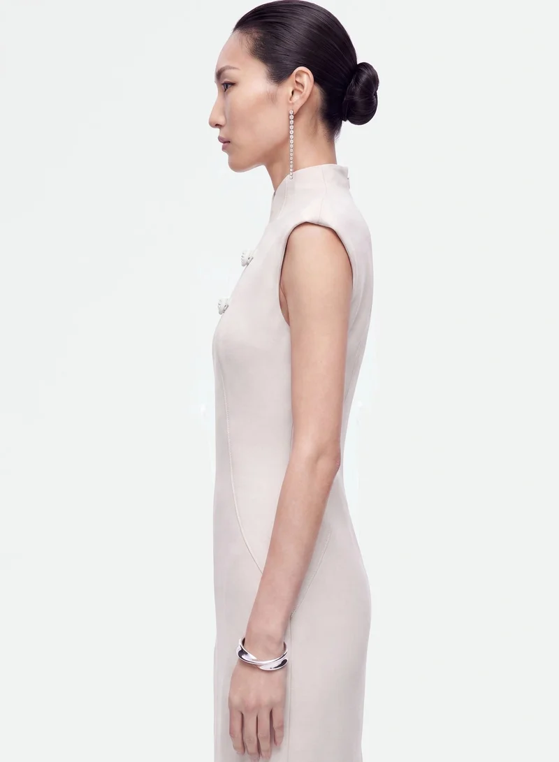 Nocturne Padded-Shoulder Button-Detail Maxi Dress