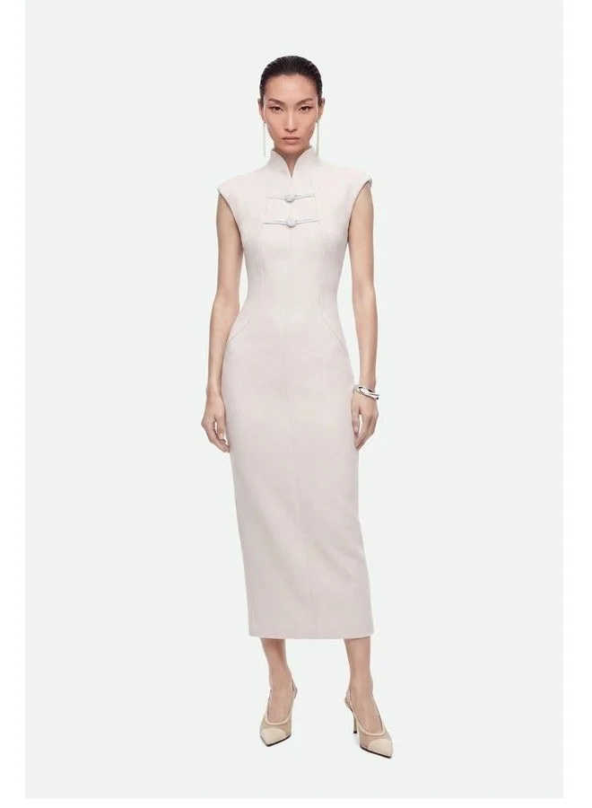 Nocturne Padded-Shoulder Button-Detail Maxi Dress