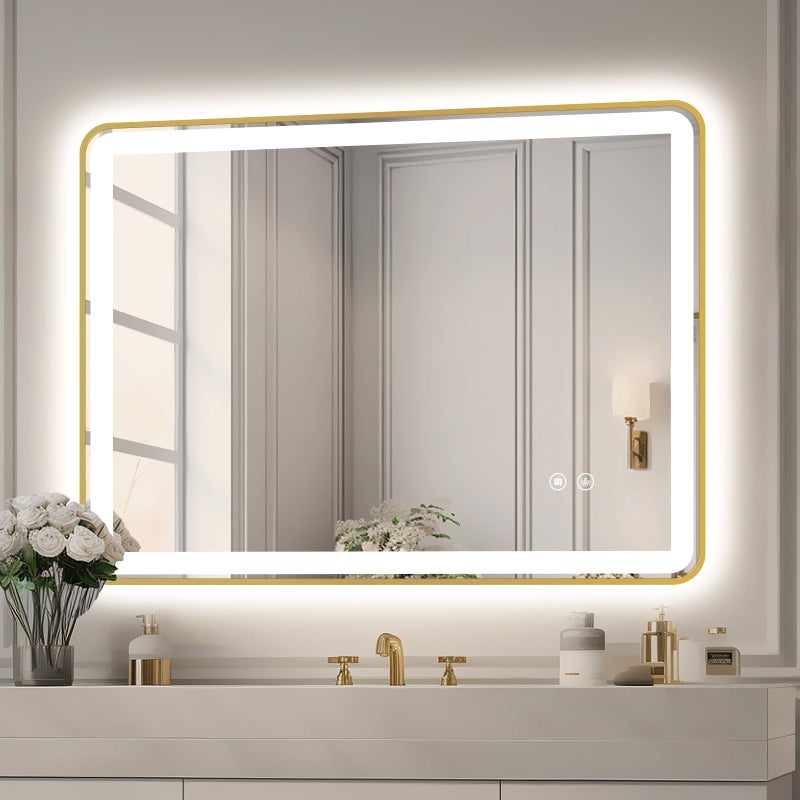 TheiaMo Rectangle LED Bathroom Mirror 36x28 AntiFog Double Touch Lighted Wall Vanity Mirror 45 Beveled Metal Frame Stepless Adjustable Color Temperature Smart Mirror 3000K6000K Gold