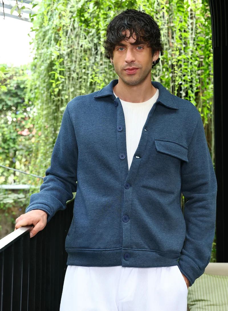 Campus Sutra Men Utility-Knit Jacket | Point Collar, Long Button-Cuff Sleeves | Button , Ribbed-Straight Hem | Solid Plain | Knitted Fabric For Casual & Daily Wear | Aegean Blue