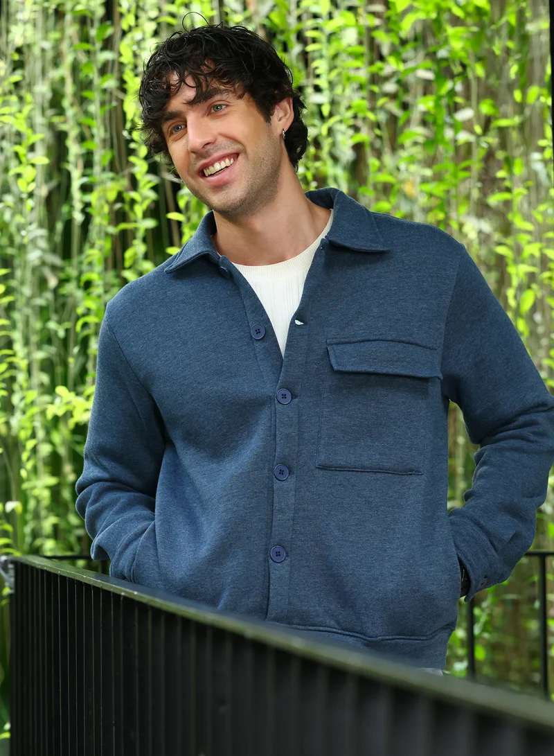Campus Sutra Men Utility-Knit Jacket | Point Collar, Long Button-Cuff Sleeves | Button , Ribbed-Straight Hem | Solid Plain | Knitted Fabric For Casual & Daily Wear | Aegean Blue