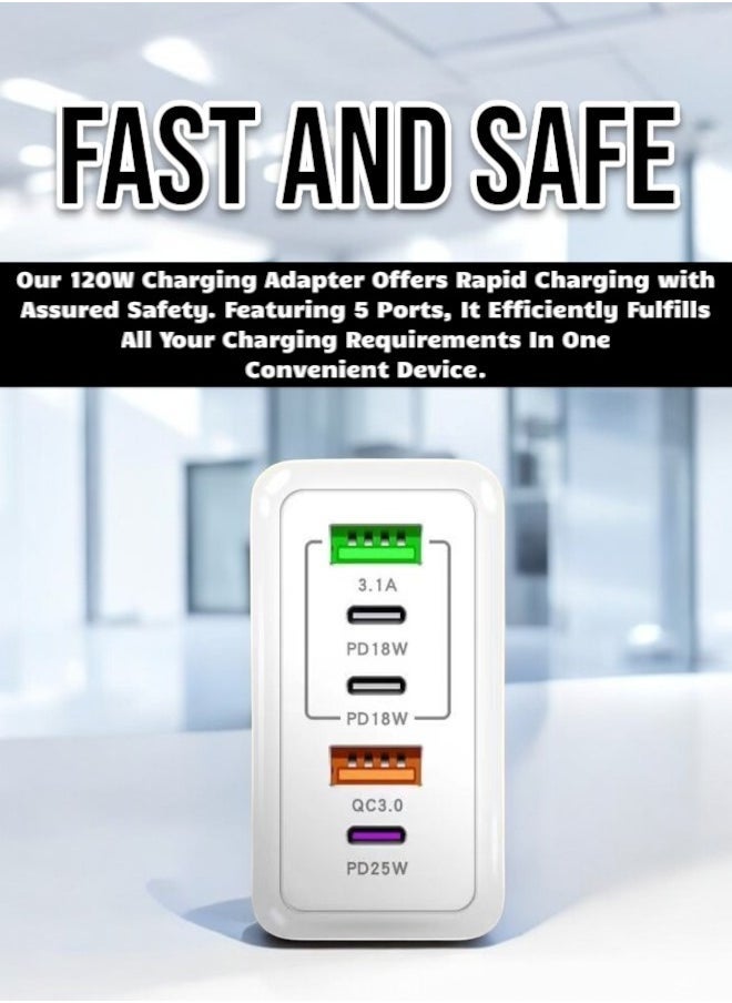 Generic - 120W PD QC 3.0 Type C Fast Charger Adapter (white), 5-Port USB A & USB C Compatible with Samsung Galaxy S23/S22, Iphone 15/14/13 Pro Max, MacBook, Ipad, Laptops, OnePlus - Image 1