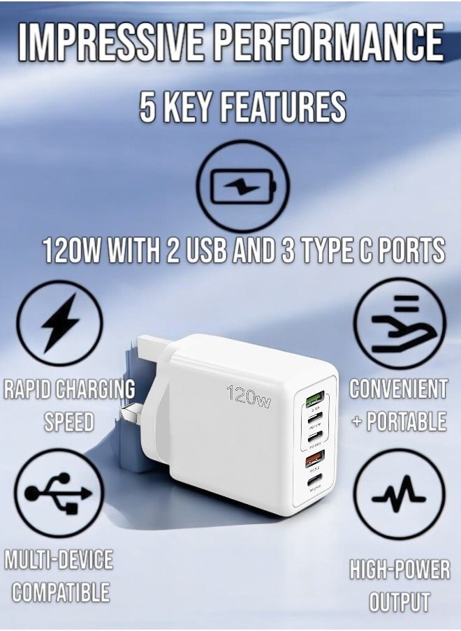 Generic - 120W PD QC 3.0 Type C Fast Charger Adapter (white), 5-Port USB A & USB C Compatible with Samsung Galaxy S23/S22, Iphone 15/14/13 Pro Max, MacBook, Ipad, Laptops, OnePlus - Image 1