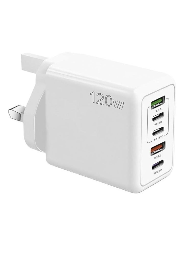 Generic - 120W PD QC 3.0 Type C Fast Charger Adapter (white), 5-Port USB A & USB C Compatible with Samsung Galaxy S23/S22, Iphone 15/14/13 Pro Max, MacBook, Ipad, Laptops, OnePlus - Image 1