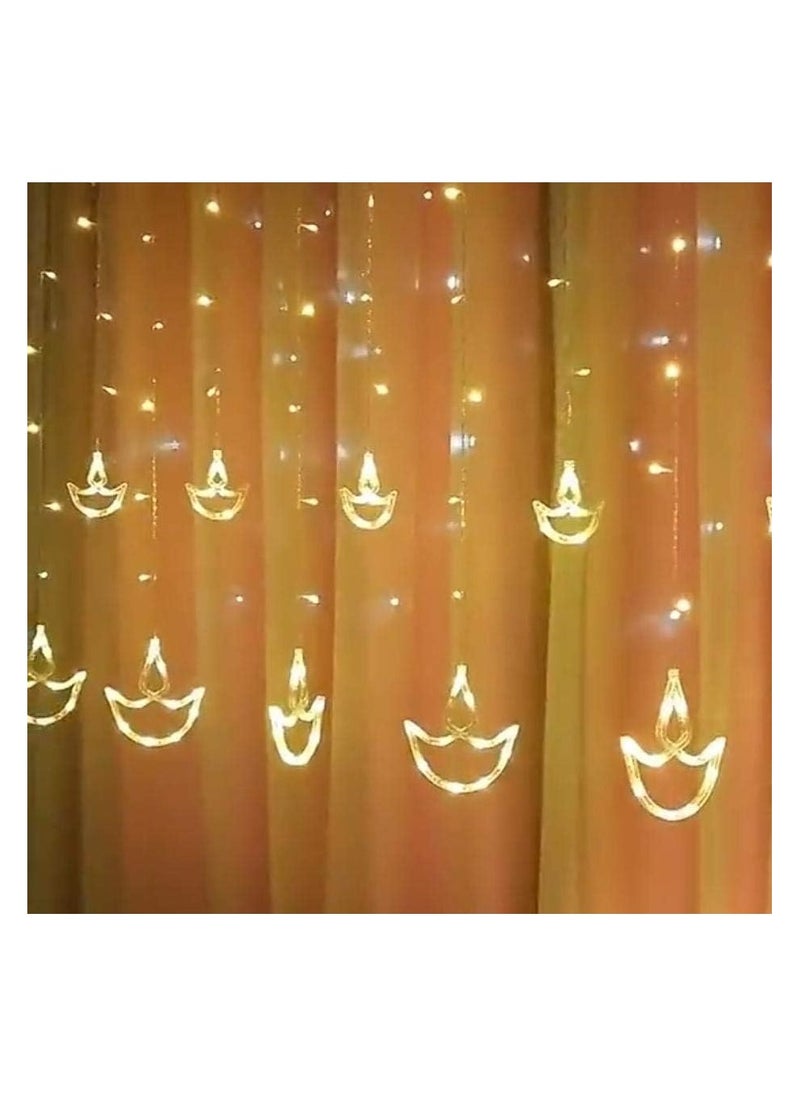 V2COM 12 Diya Curtain String Lights, Window Curtain Lights with 8 Flashing Modes Decoration for Wedding, Party, Home, Patio Lawn, Warm White.