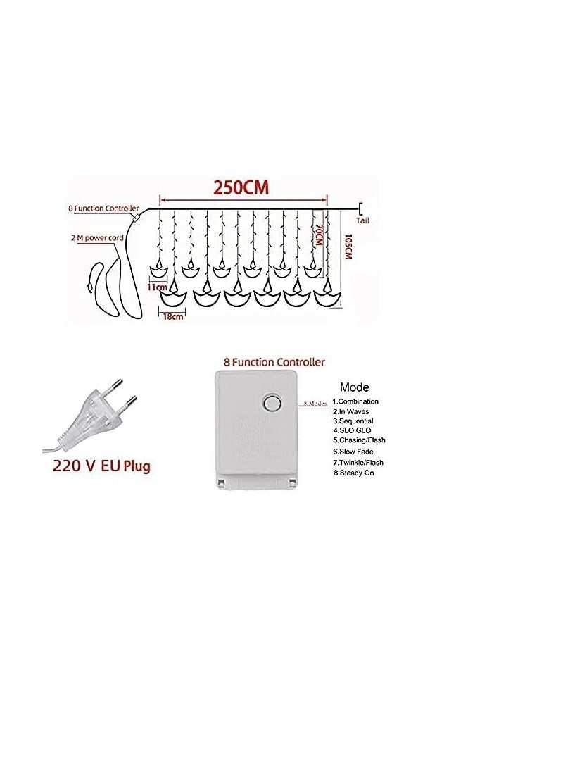 V2COM 12 Diya Curtain String Lights, Window Curtain Lights with 8 Flashing Modes Decoration for Wedding, Party, Home, Patio Lawn, Warm White.