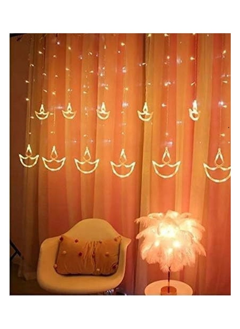V2COM 12 Diya Curtain String Lights, Window Curtain Lights with 8 Flashing Modes Decoration for Wedding, Party, Home, Patio Lawn, Warm White.