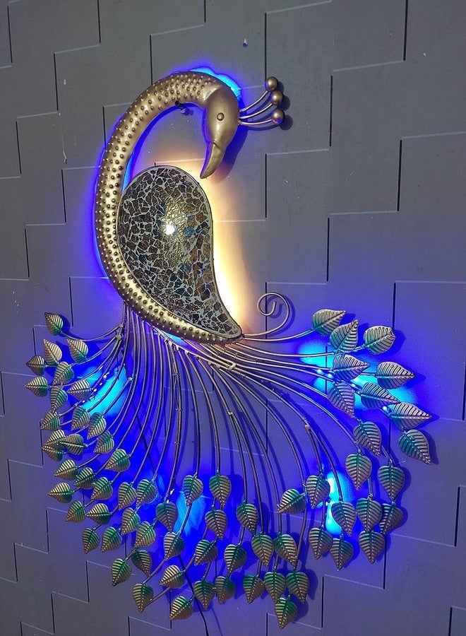 Meqstore ديكور حائط معدني مصنوع يدويًا على شكل طاووس من Meqstore Nesfur مع إضاءة LED، ديكور منزلي، ديكور حائط، هدية ديوالي، هدية للشركات، معبد منزلي، (32 * 26.5 * 3 بوصة) - Image 3