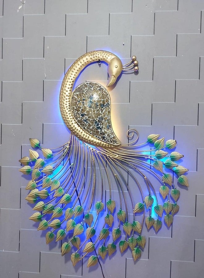 Meqstore ديكور حائط معدني مصنوع يدويًا على شكل طاووس من Meqstore Nesfur مع إضاءة LED، ديكور منزلي، ديكور حائط، هدية ديوالي، هدية للشركات، معبد منزلي، (32 * 26.5 * 3 بوصة) - Image 2