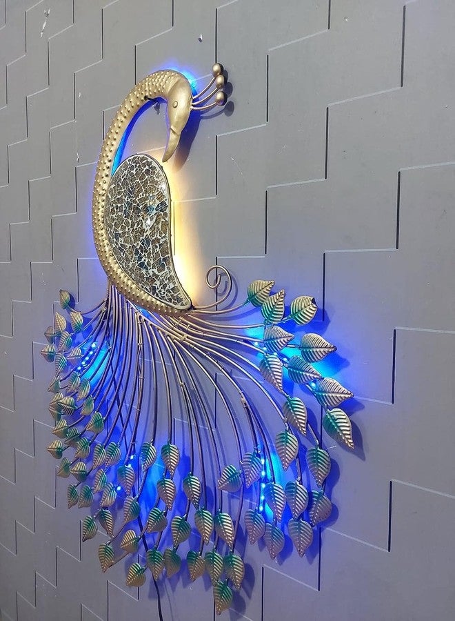 Meqstore ديكور حائط معدني مصنوع يدويًا على شكل طاووس من Meqstore Nesfur مع إضاءة LED، ديكور منزلي، ديكور حائط، هدية ديوالي، هدية للشركات، معبد منزلي، (32 * 26.5 * 3 بوصة) - Image 5