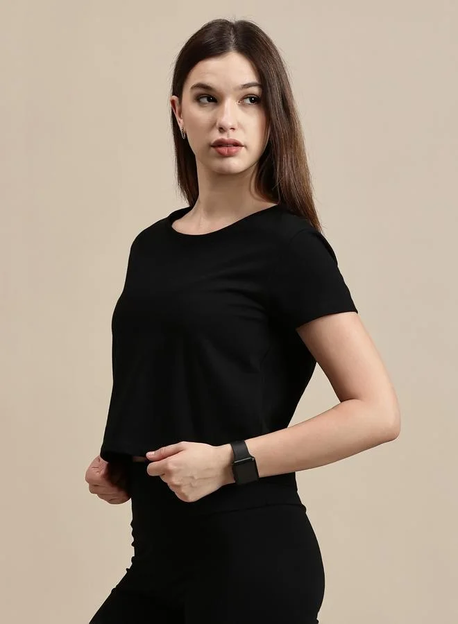ECOLORE Black Solid Cotton Short Sleeves Crop Top