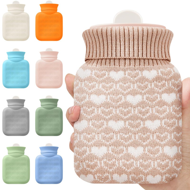 Amylove Mini Hot Water Bottle 320ml for Hot & Cold Compress with Cover Silicone Microwave Heating Small Water Bag for Travel Pain Relief Valentine's Day Gifts(Beige) - Image 1