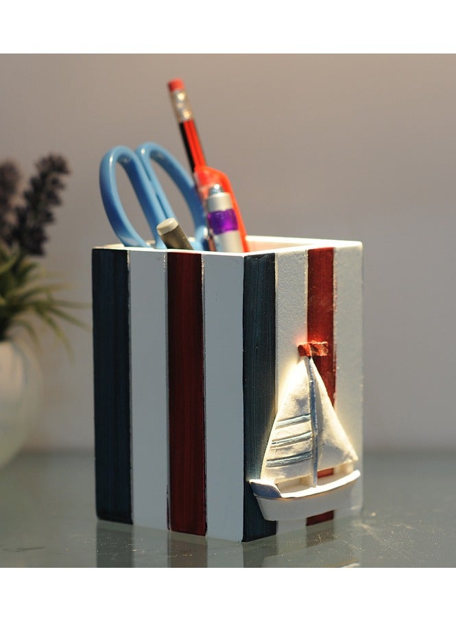 YINZUO Table Pencil Storage Holder Nautical Striped Desk Organizer Beach-Themed Pen Holders with Sailboat, Lifebuoy, Starfish, and Bird Decor - Image 1