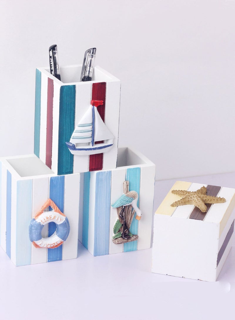 YINZUO Table Pencil Storage Holder Nautical Striped Desk Organizer Beach-Themed Pen Holders with Sailboat, Lifebuoy, Starfish, and Bird Decor - Image 5