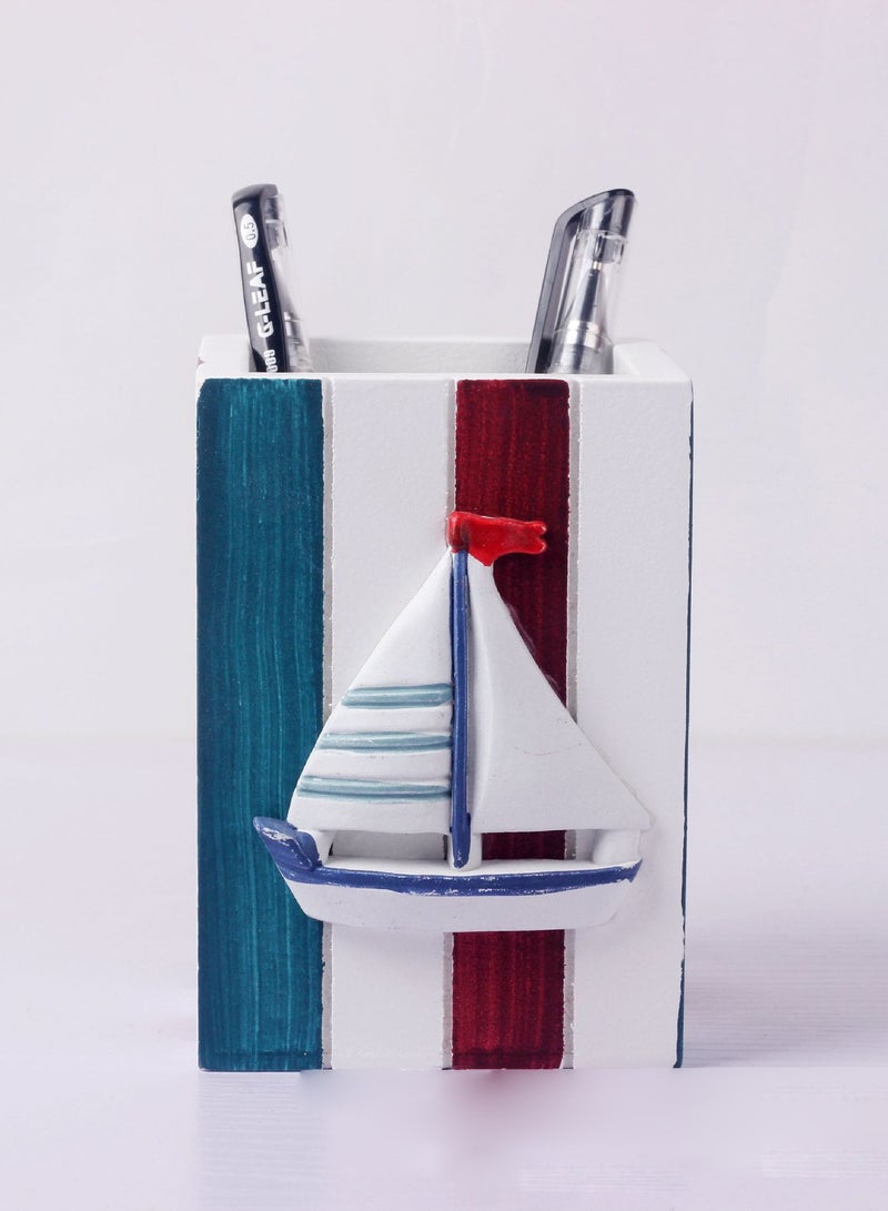 YINZUO Table Pencil Storage Holder Nautical Striped Desk Organizer Beach-Themed Pen Holders with Sailboat, Lifebuoy, Starfish, and Bird Decor - Image 2