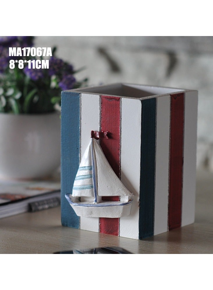YINZUO Table Pencil Storage Holder Nautical Striped Desk Organizer Beach-Themed Pen Holders with Sailboat, Lifebuoy, Starfish, and Bird Decor - Image 3