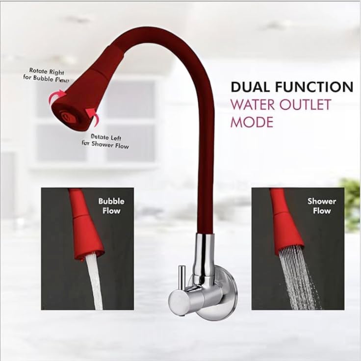 SEARENE BATHWARE Kitchen Sink Tap, Flexible Neck Wall Mount Sink Mixer Tap | Dual Flow Medium Shower Flow & Foam Flow | 360° Swivel Spout | Chrome Finish Brass Body | Silicone Flexible Spout Faucet for Modular Kitchen - Image 3